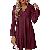 Dokotoo Spring Dresses for Women 2026 Long Sleeve V Neck Lightweight Ribbed Knit Empire Waist Casual A Line Swing Mini Dress