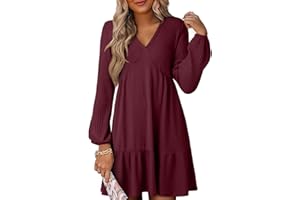 Dokotoo Fall Dresses for Women 2025 Long Sleeve V Neck Lightweight Ribbed Knit Empire Waist Casual A Line Swing Mini Dress