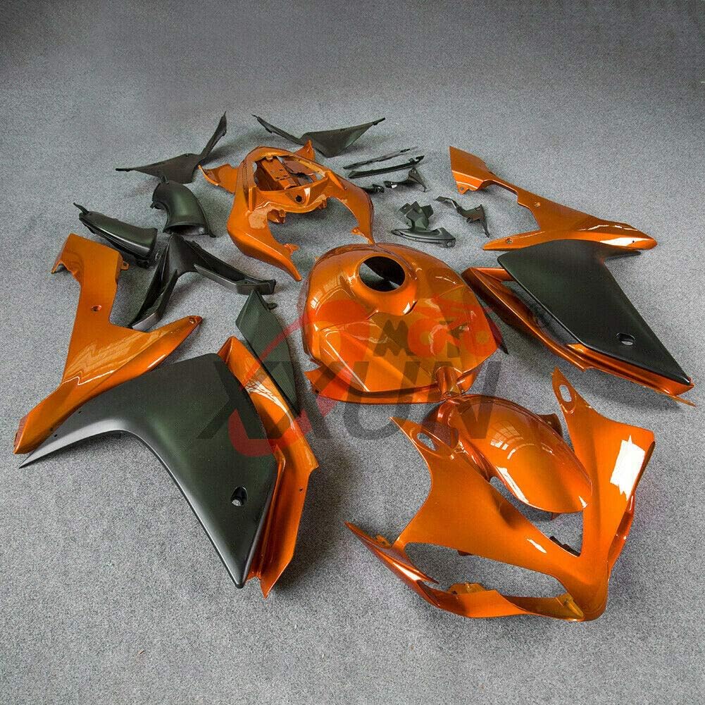 FocusAtOne Matte Black Orange Fairing Bodywork Aftermarket Painted ABS Plastic Injection Molding Kit for 2007-2008 07-08 Yamaha YZF R1 1000