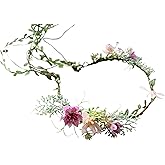 LLinfflr Vine Flower Crown Boho Flower Headband Hair Wreath Floral Halo Headpiece with Ribbon Wedding Party Photos Rosy