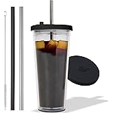 Kensal Home Reusable Iced Coffee Cup (24 Oz/Venti), Leak Proof and Double Wall Insulated Iced Coffee Tumbler, Come with Reusable Plastic and Metal Straws and Straw Cleaner - Black