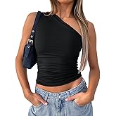 LEEDYA Women One Shoulder Sleeveless Tank Tops Asymmetrical Ruched Crop Top Going Out Slim Fit Vest Tops
