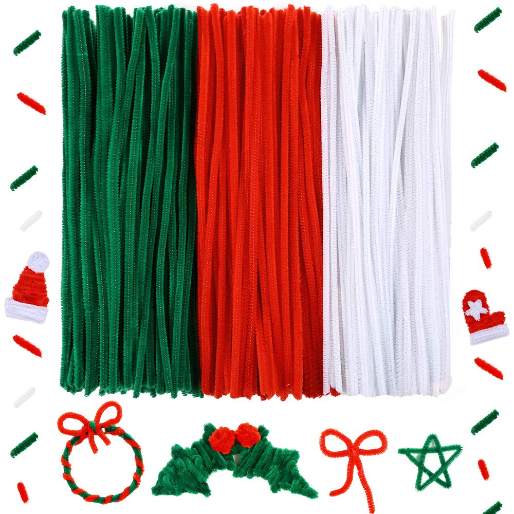 Caydo 300 Pieces Valentine's Pipe Cleaners for Valentine's Day DIY Creative Crafts Decoration (Red, Green, White), 6mm x 30cm