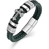 Raymard Mens Christian Cross Double Row Leather Bracelet, Religious Braided Cuff Bracelet for Men
