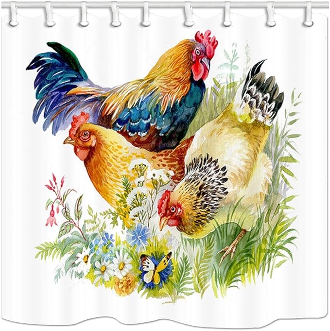 不适用 Farm Animal Shower Curtain,Chicken and Rooster in the Grass on