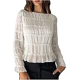 SHENHE Women's Lantern Sleeve Boat Neck Ruffle Blouse Dressy Pleated Lace Trim Layered Shirt