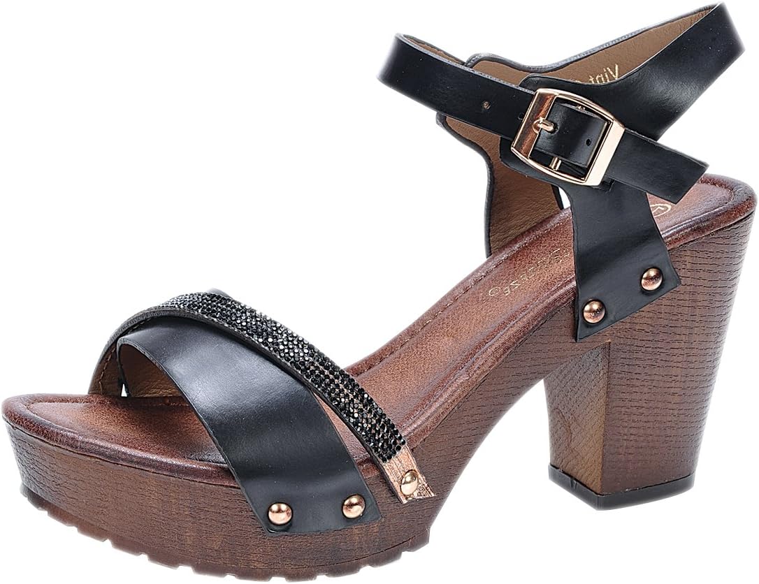 Nature Breeze Women's Vint-02 Buckle Comfort Medium Chunky Wooden Heel Sandal