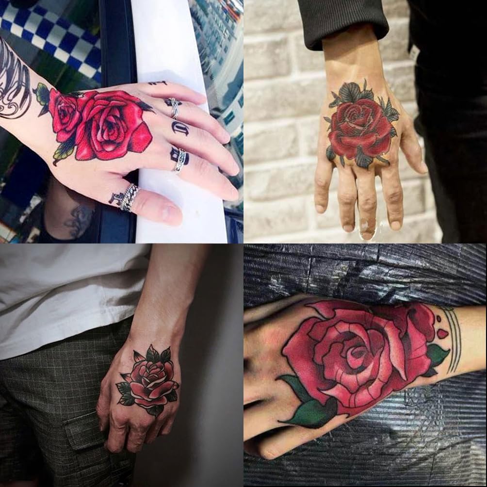Photo 1 of Oottati Waterproof 4 Sheets Back of Hand Fake Temporary Tattoo Stickers, Red Rose Flower