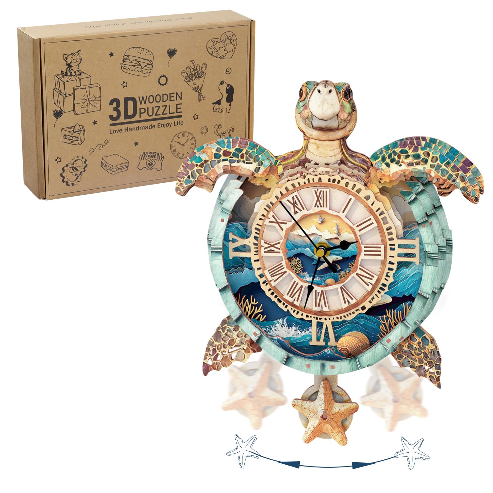 3D Puzzles for Adults-Turtle Clock, Christmas DIY Kit Clock, Mechanism with Pendulum Wooden Turtle Puzzle, Desk Home Office Bedroom Wall Decor-Personalized Gift for DIY Lovers ﻿