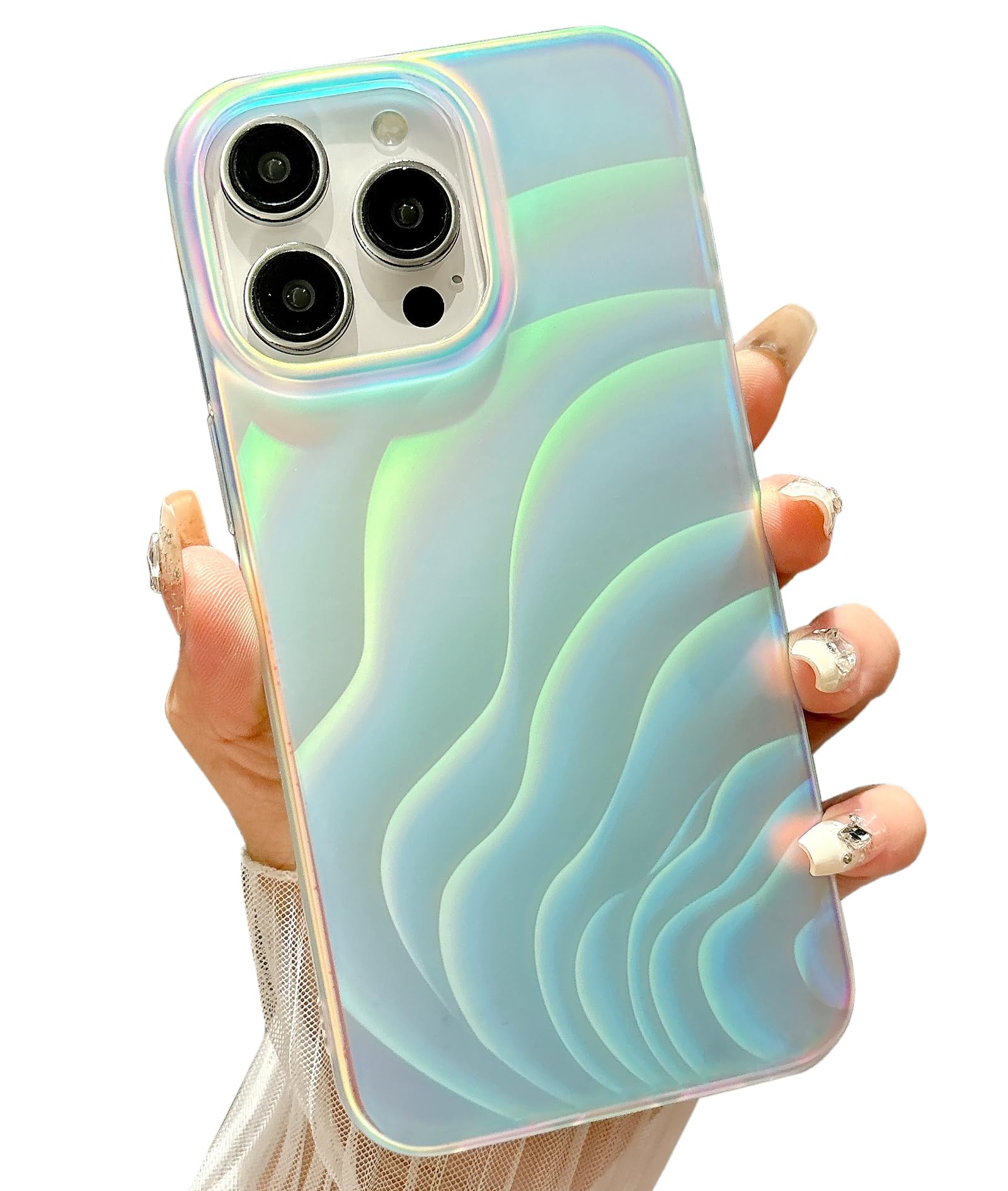 Photo 1 of Qokey for iPhone 16 Pro Max Case 6.9",Bling Cute Laser Gradient Matte Water Ripple Lines Design, Shockproof Protection Phone Cover for Women Men for iPhone 16 Pro Max, Silvery White