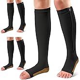 Ailaka 3 Pairs Compression Socks with Zipper, 15-20 mmHg Medical Knee High Compression Socks for Men Women, Open Toe Socks for Varicose Veins, Edema, Recovery