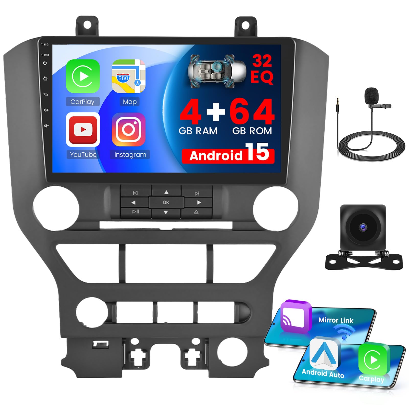 Photo 1 of [4+64G] Android 15 Car Radio for Ford Mustang (Manual A/C) 2015-2020 Wireless CarPlay Android Auto, Realdio 9" Touch Screen Car Stereo with GPS WiFi, Bluetooth 5.0 FM/RDS 32EQ Backup Camera