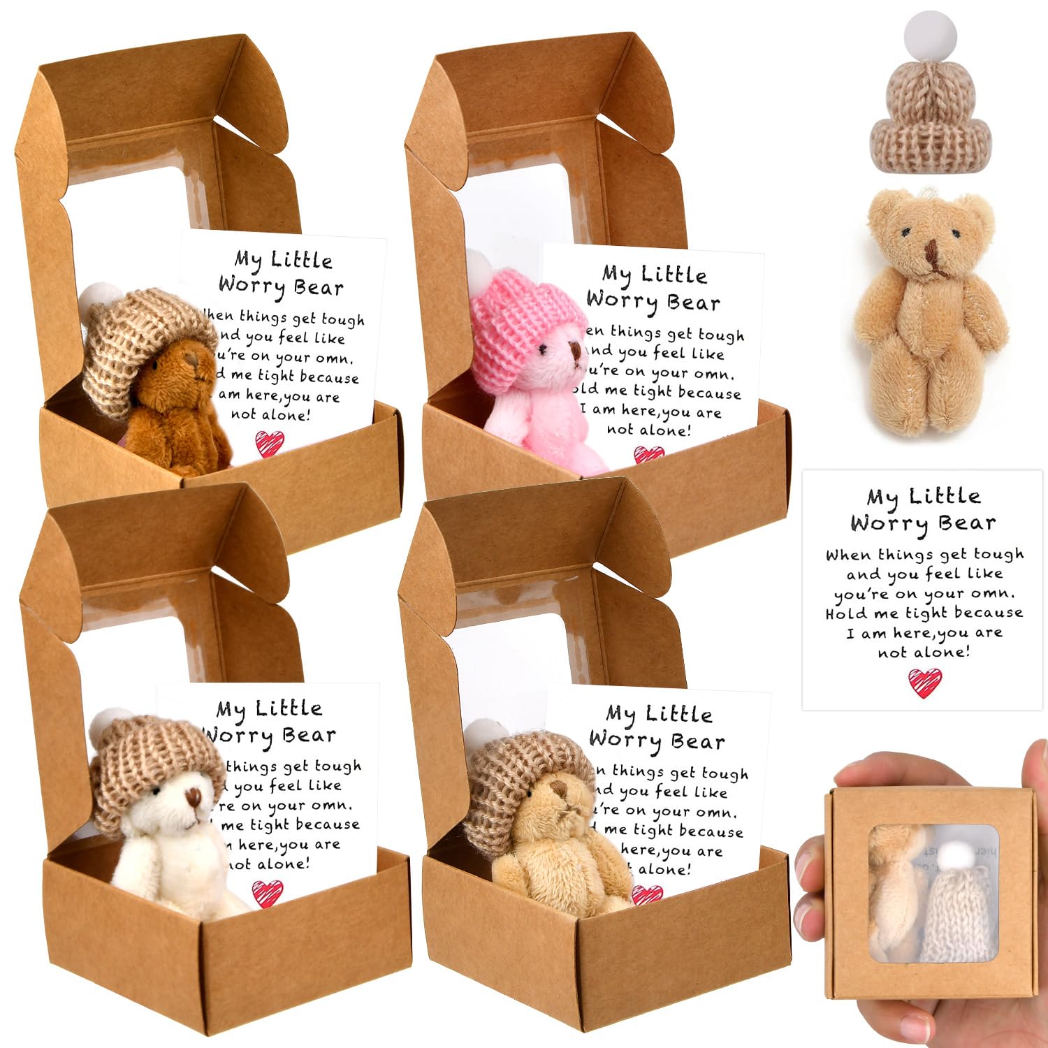 4PCS Worry Bear in a Box, Pocket Bear, Little Bear in a Box with Inspirational Cards, Handmade Plush Worry Dolls, Valentine's Day Birthday for Kids Women Friends