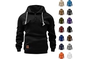 Mens Fleece Tactical Cargo Hoodies Quarter Button Hooded Sweatshirt Pullover Casual Long Sleeve Tops Multi-Pockets