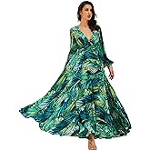R.Vivimos Women's Chiffon Print V Neck Long Sleeve Tie Waist Casual Boho Maxi Dresses