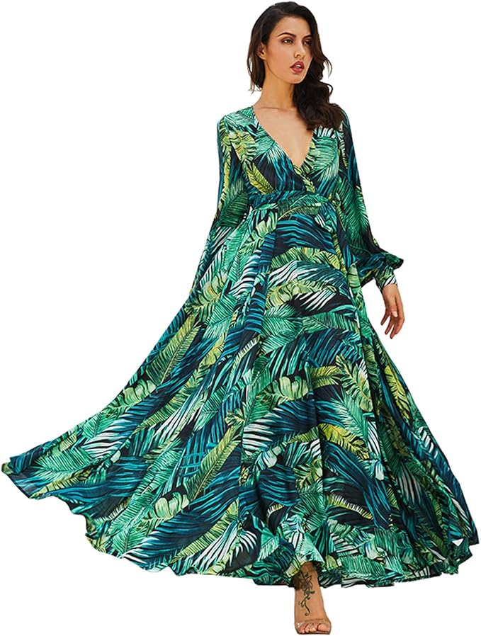 R.Vivimos Women's V Neck A line Floral Leaf Print Long Sleeve Maxi ...