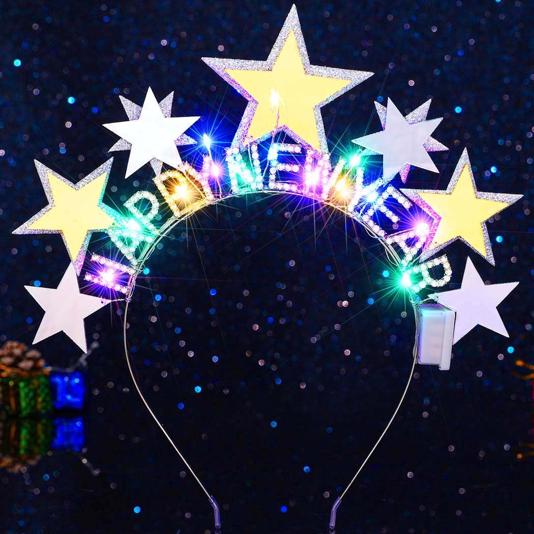Reaky Light Up New Years Headbands Gold Star Headpiece Happy New Year Headband Christmas Accessories for Women (Silver, one size)