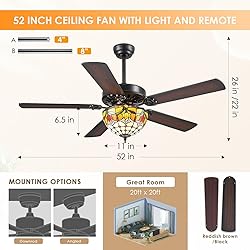 BYKISTOK 52" Tiffany Ceiling Fans with Glass Shade