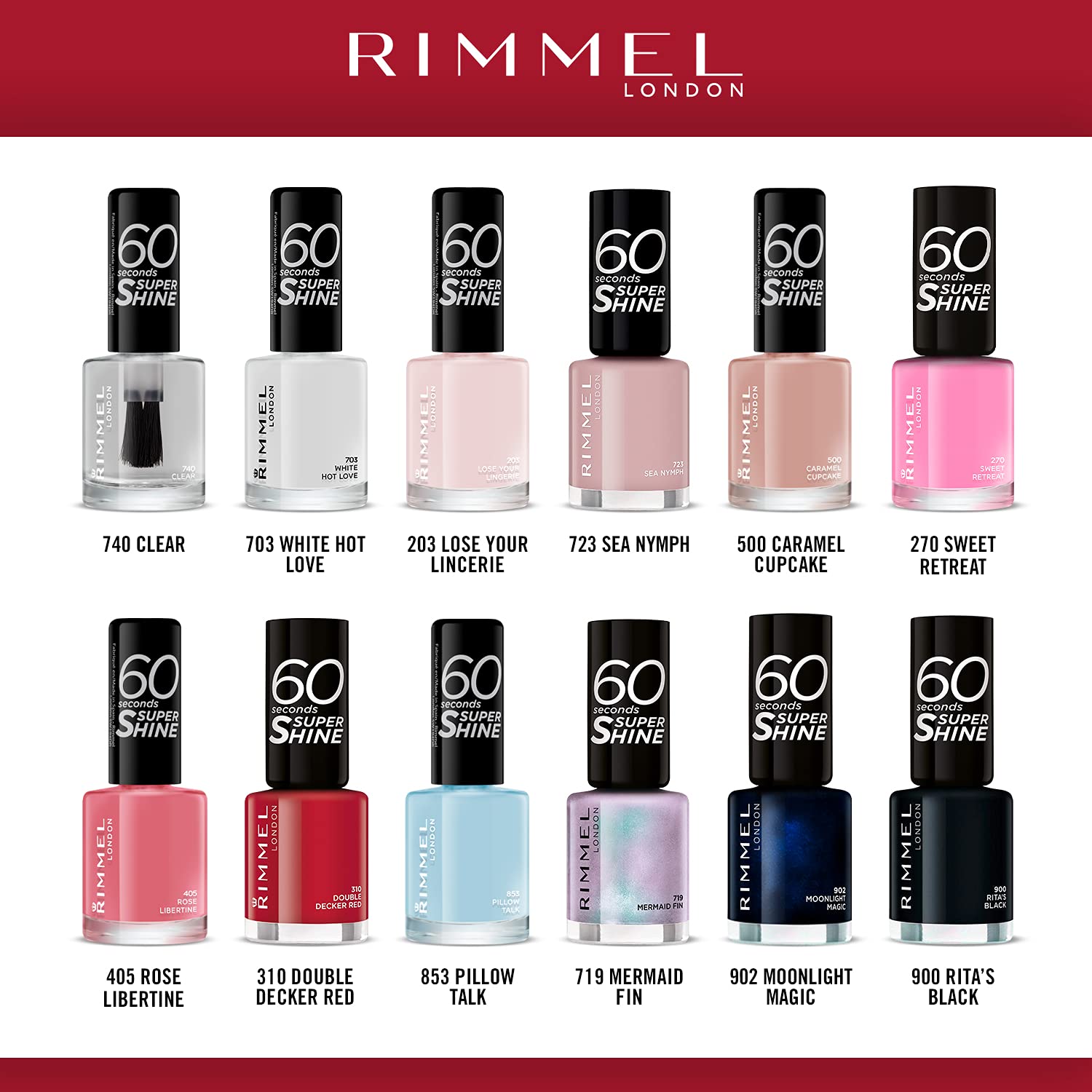 RIMMEL LONDON - 60 Seconds Super Shine Nail Polish Set - Super Glossy, Ultra Shiny Finish - Precise One Stroke Application - Up To 10 Days Wear - High Impact Colour - 12 Assorted Shades