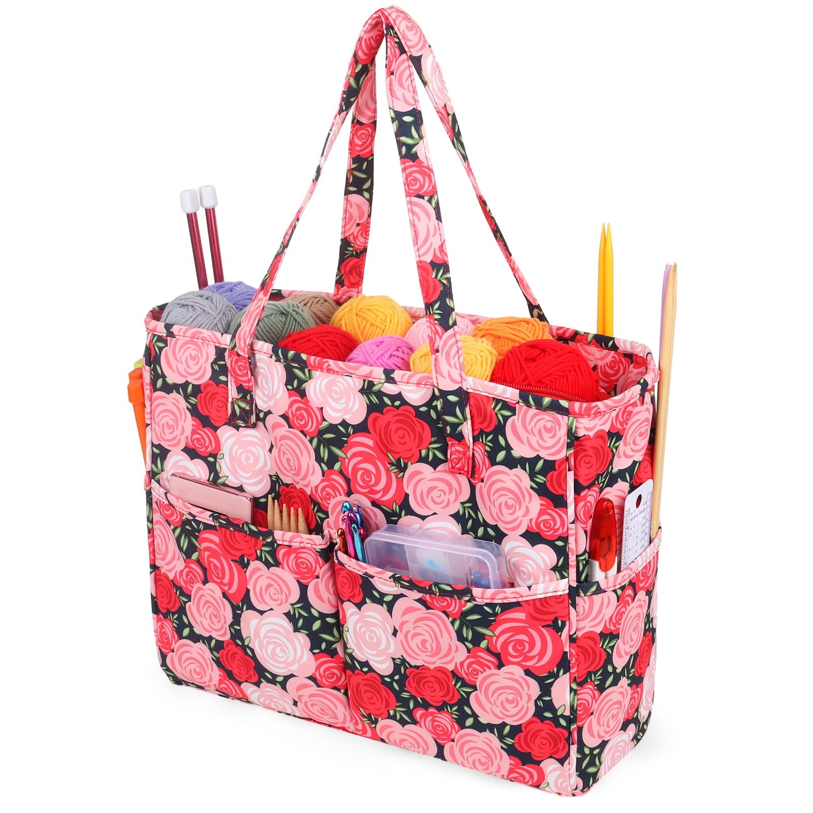 Aeelike Knitting Tote Bag, Large Craft Bags with Compartments, Knitting Bags for Wool and Needles Storage, Knitting Sewing Organiser Bag, Portable Yarn Storage Bag, Crochet Project Bag for Women (Red)