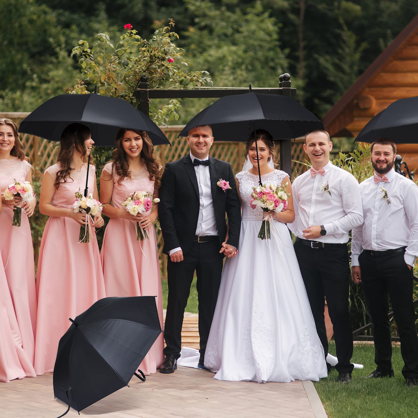 Reginary 12 Pack Black Umbrella Wedding Style Stick Umbrellas Large Canopy Windproof Transparent Stick Umbrellas Wedding Rain Transparent Umbrellas Bulk Auto Open J Hook Handle
