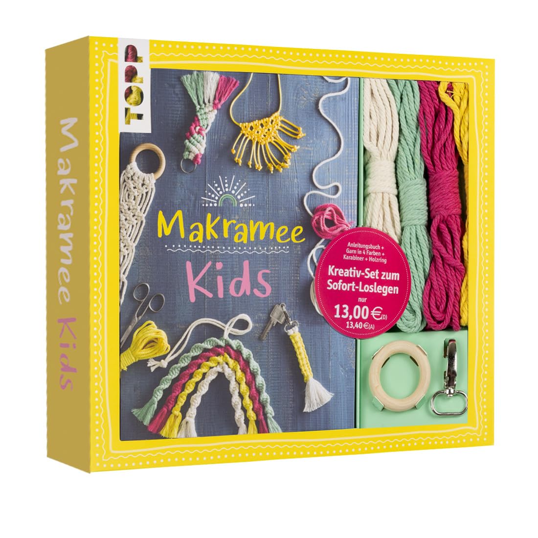 Kreativ-Set Makramee Kids: Buch mit Grundlagen und Anleitungen für tolle Makramee-Projekte, Garn in 4 Farben, Holzring und Schlüsselanhänger für Regenbogen und Schlüsselanhänger (Buch plus Material)