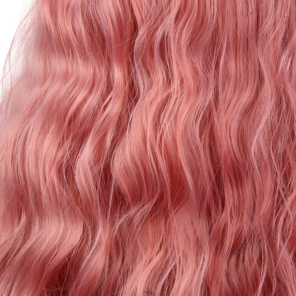 Sallcks Womens Long Curly Wavy Pink Wigs with Bangs Cosplay Costume Full Wigs Synthetic Fiber Replacement Heat Resistant Party Hair Wig with Wig Cap
