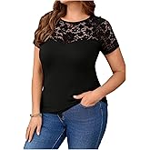WDIRARA Women's Plus Size Contrast Lace T Shirts Crew Neck Short Sleeve Tee Tops