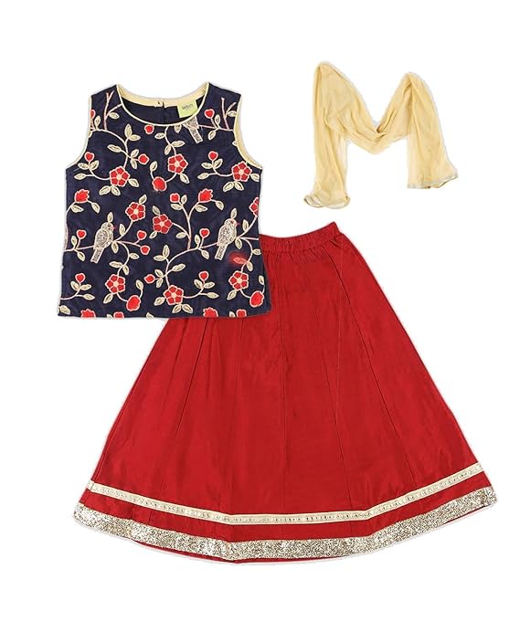 Girls polyester Embroidered Lehenga Choli Set (Navy, 13 -14 Years)