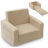 Jouha 2-in-1 Kids Chair and Couch, Cozy Corduroy Kids Sofa, Beige | Fold-Out Kids Couch, Boys and Girls, Bedroom &amp; Playroom, Reading and Playing, Lightweight, Removable Washable Cover