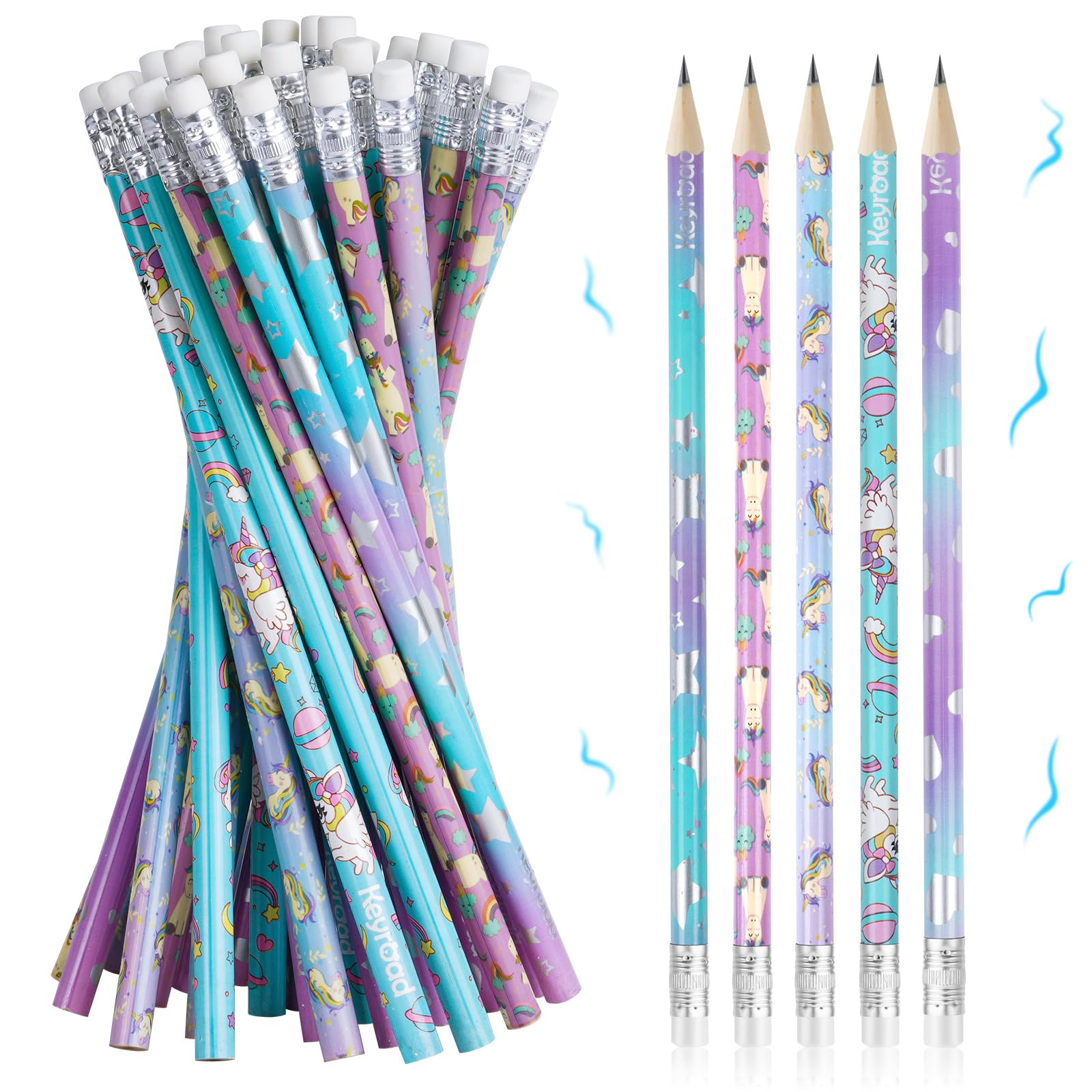 Vicloon Scented Pencils, 32pcs Cylinder Wood Pencils, Fruity Pencil Graphite Pencil HB Pencil with Unicorn Elements for School Stationery Party Reward Supplies (Unicorn)