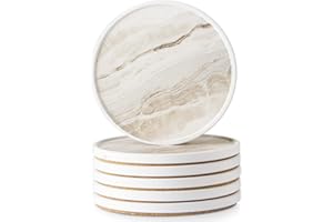 LIFVER Coasters for Coffee Table, Coasters for Drinks Absorbent, Drink Coasters, Housewarming Gift, Home Decor, Set of 6, Farmhouse Coaster Set with Holder, 4 Inches, Sandstone Style