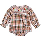 Lenjindjer Infant Baby Girl Thanksgiving Romper Plaid Turkey Embroidery Long Puff Sleeve Smocked Romper Cotton Linen Bodysuit