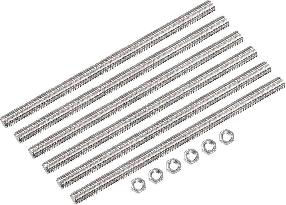 sourcing map M8 x 200mm Threaded Rod 6 Pcs w/ Hex Nuts 304 Stainless Steel