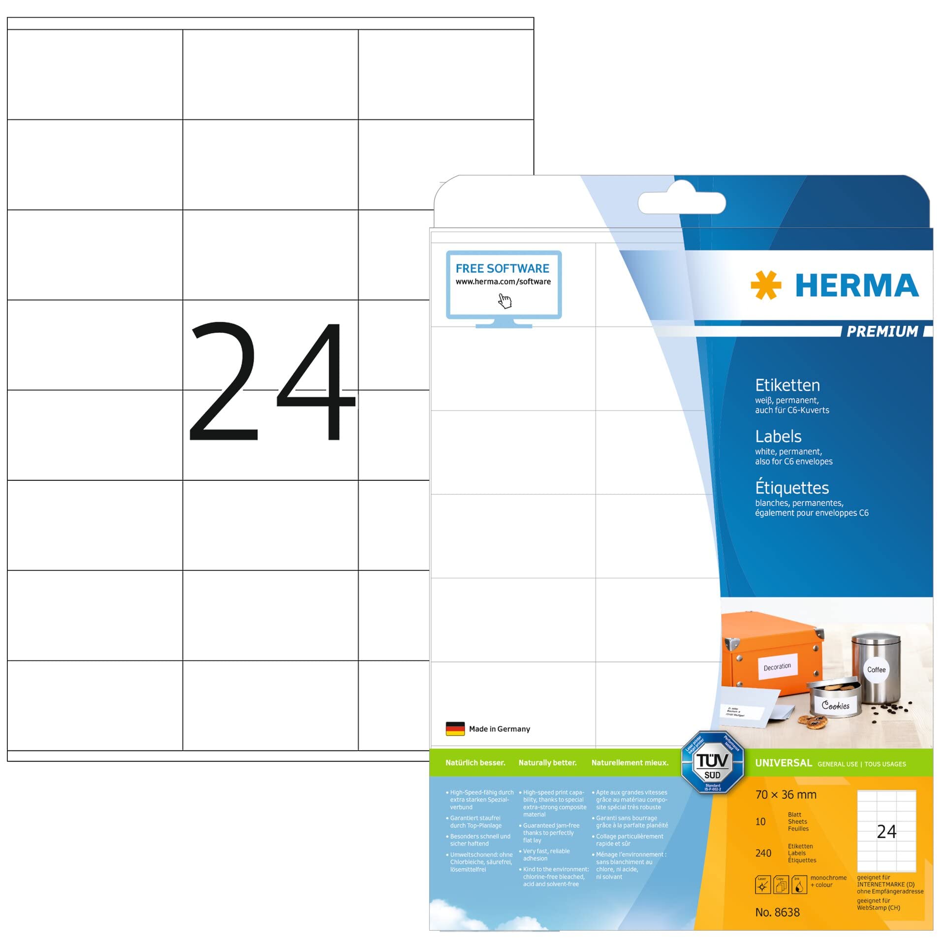 HERMA Self Adhesive Address Labels, 24 Labels per A4 Sheet, 10 Sheets, 70 x 36 mm, 240 Labels, Blank Mailing Labels Stickers, Sticky Labels for Laser & Inkjet Printer, White