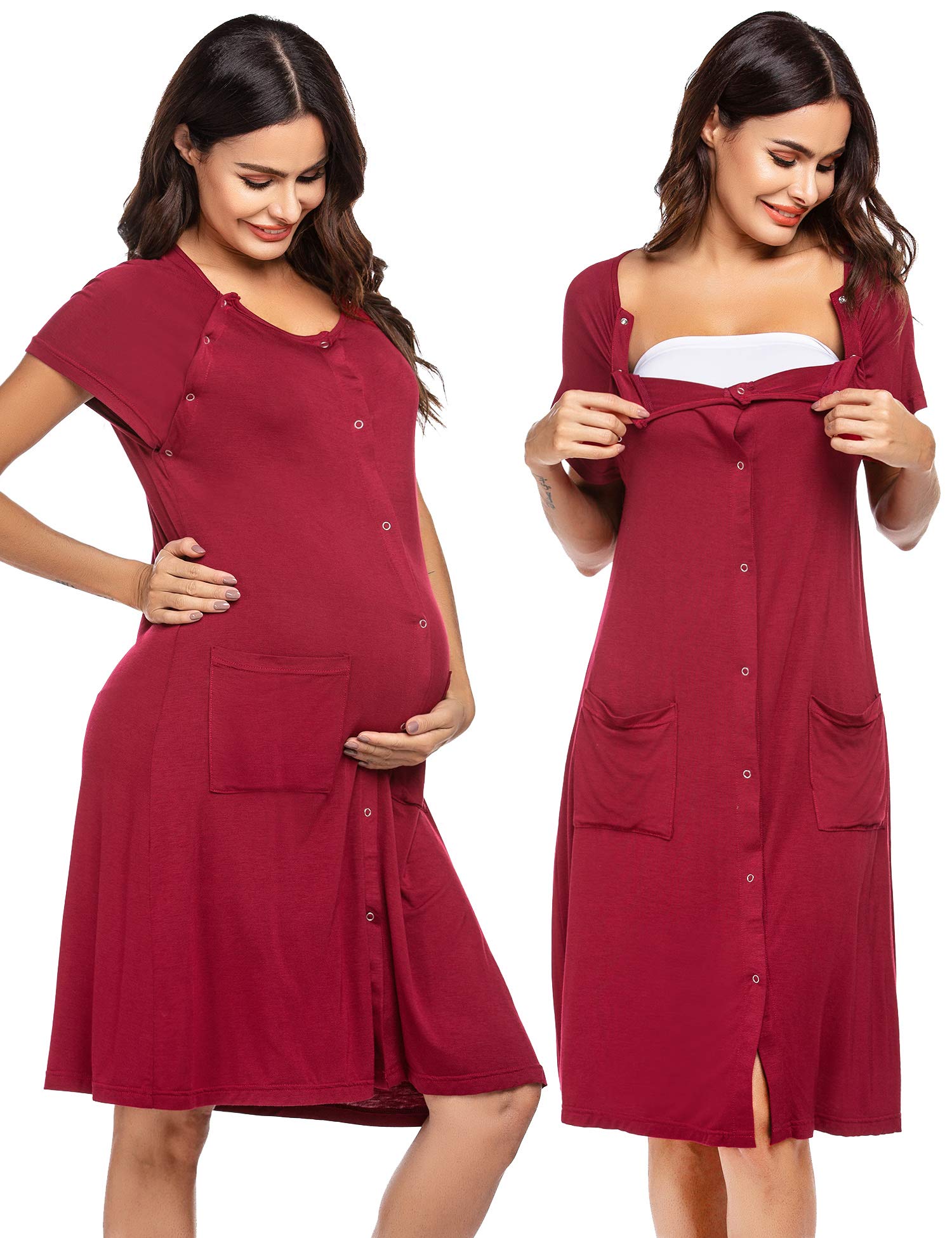 Ekouaer 3 in 1 Nursing Dress Maternity Nightgown Labor/Delivery Breastfeeding Birthing Gown with Button