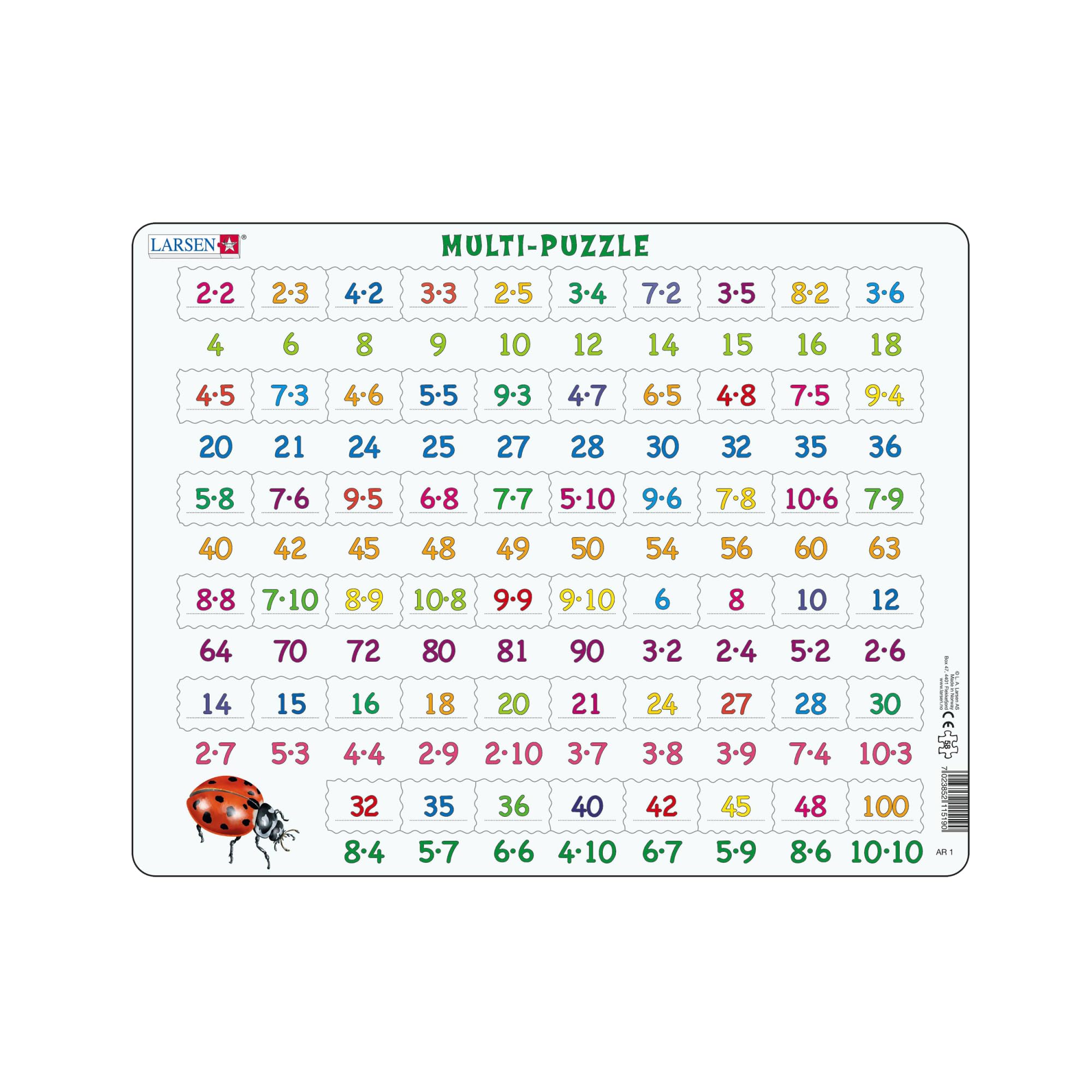 Larsen AR1 Multiplication Math Puzzle – 58-Piece Tray Puzzle for Kids (Practice Times Tables & Problem Solving) Educational STEM Toy Ages 6–10