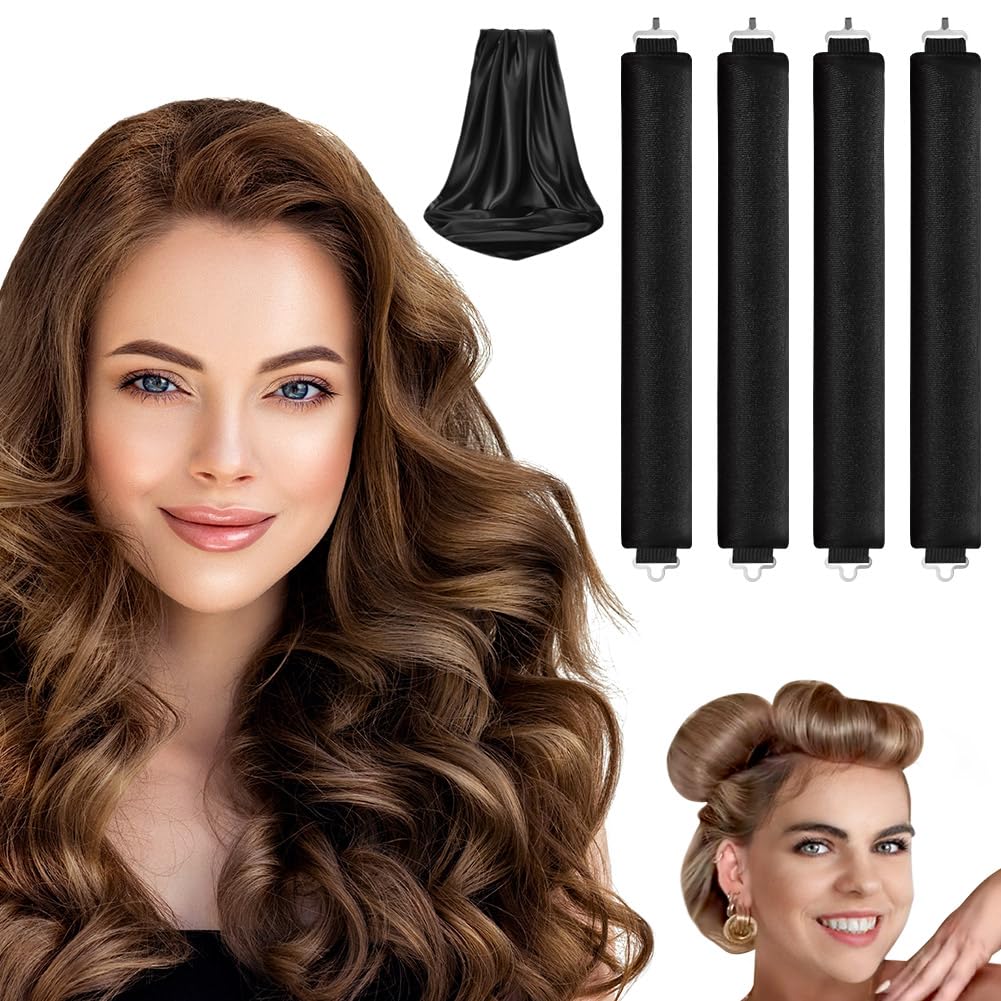 LOPHE 4 Pcs Heatless Hair Curler, Heatless Curls Blowout Rods Headband with Hair Scarf, Soft Hair Roller Rods with Hook, Overnight Heatless Hair Curlers, Women Long Hair Styling Tools, Black