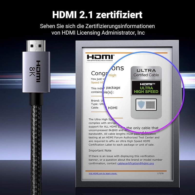 HDMI 2.1 Kabel, 8K@60Hz, 4K@240Hz, HDMI zertifiziert, 48Gbps, 2M