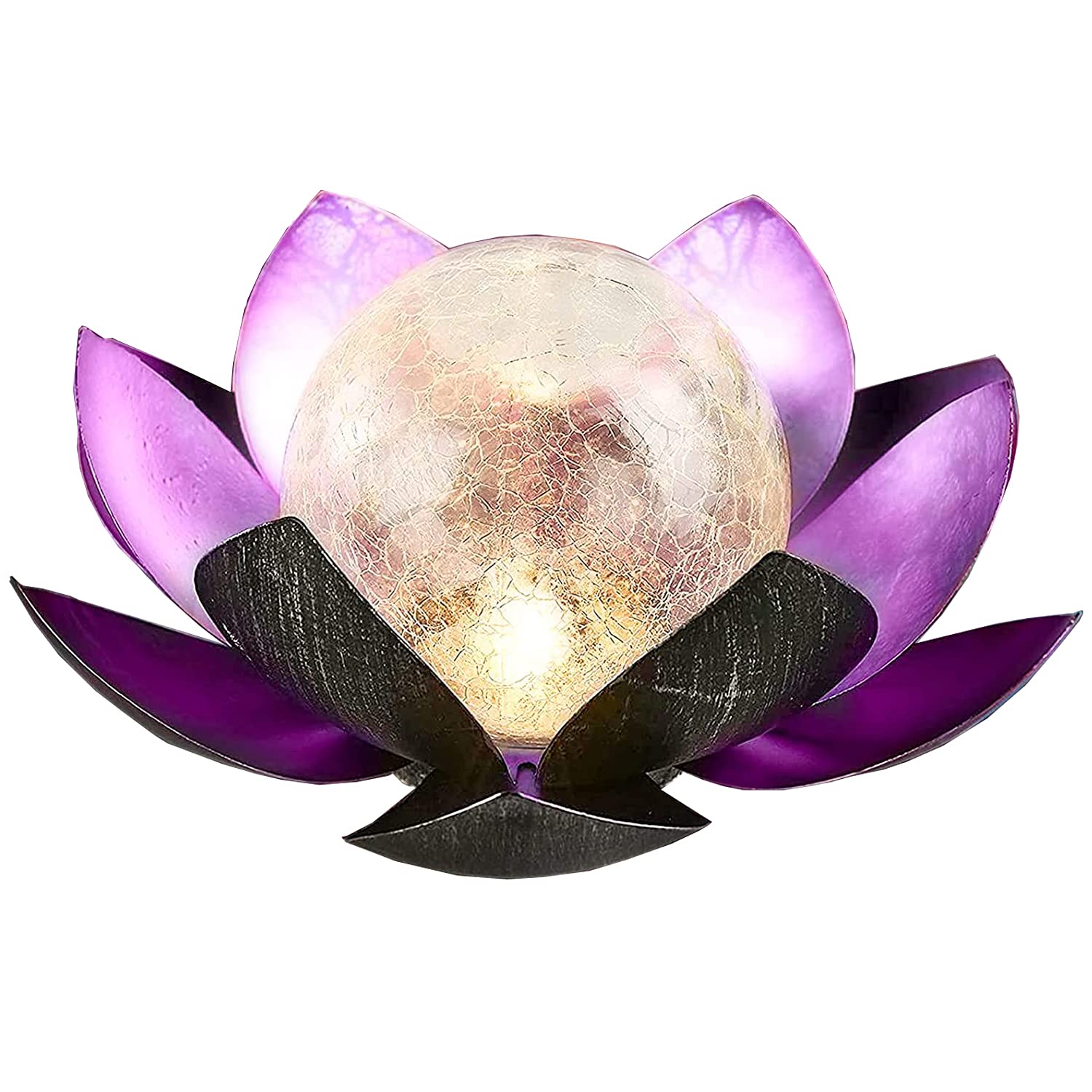 SUAVER LED Solar Lotus Light Cracked Glass Ball Flower Lamp Outdoor Garden Decor Lights,Solar Garden Light Metal Lantern Water Lily LED Landscape Lights Outdoor Table Lamp (Purple)