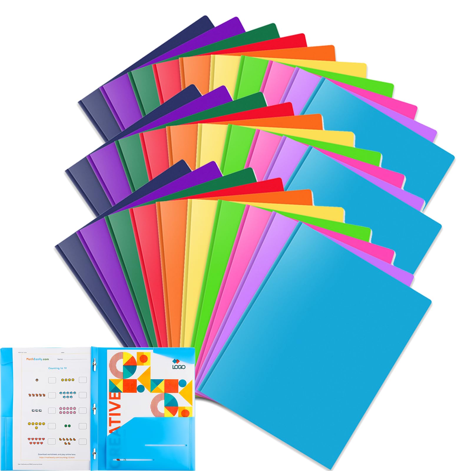 Briartw Heavy Duty Plastic Pocket Folder with Prongs for Letter Size Paper,30 Pack Colors File Folder 2 Pockets and 3 Prongs,As Well As 2 Card Slots,for Office and School Staff or Students