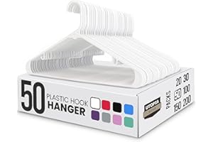 Utopia Home Plastic Hangers 50 Pack - Space Saving Clothes Hanger - Durable & Strong Closet Organizers and Storage with Built-in Strap Hooks - Essential for Shirts, Pants, Skirts & Coats (White)