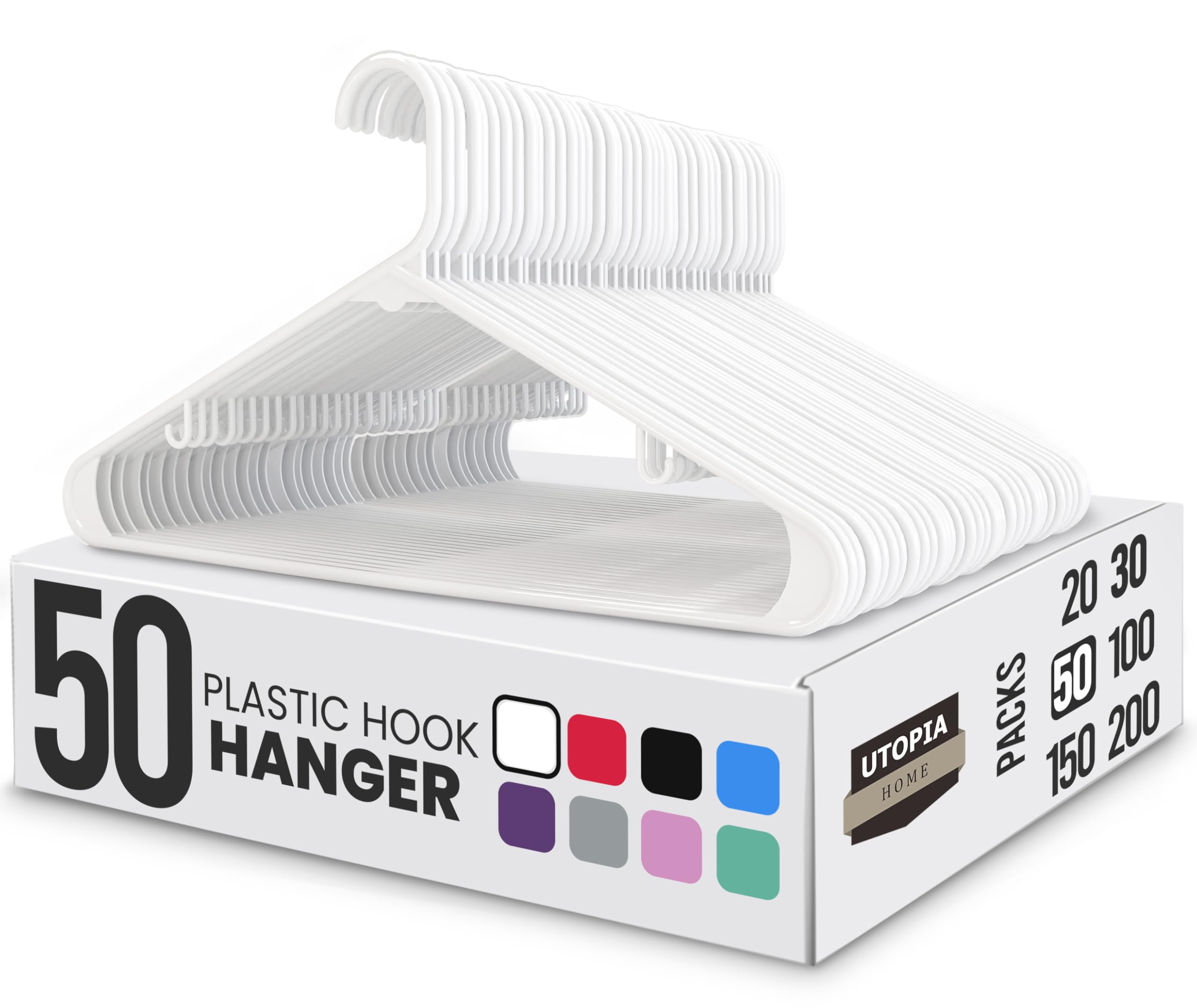 Utopia Home Plastic Hangers 50 Pack - Space Saving Clothes Hanger - Durable & Strong Closet Organizers and Storage with Built-in Strap Hooks - Essential for Shirts, Pants, Skirts & Coats (White) Image