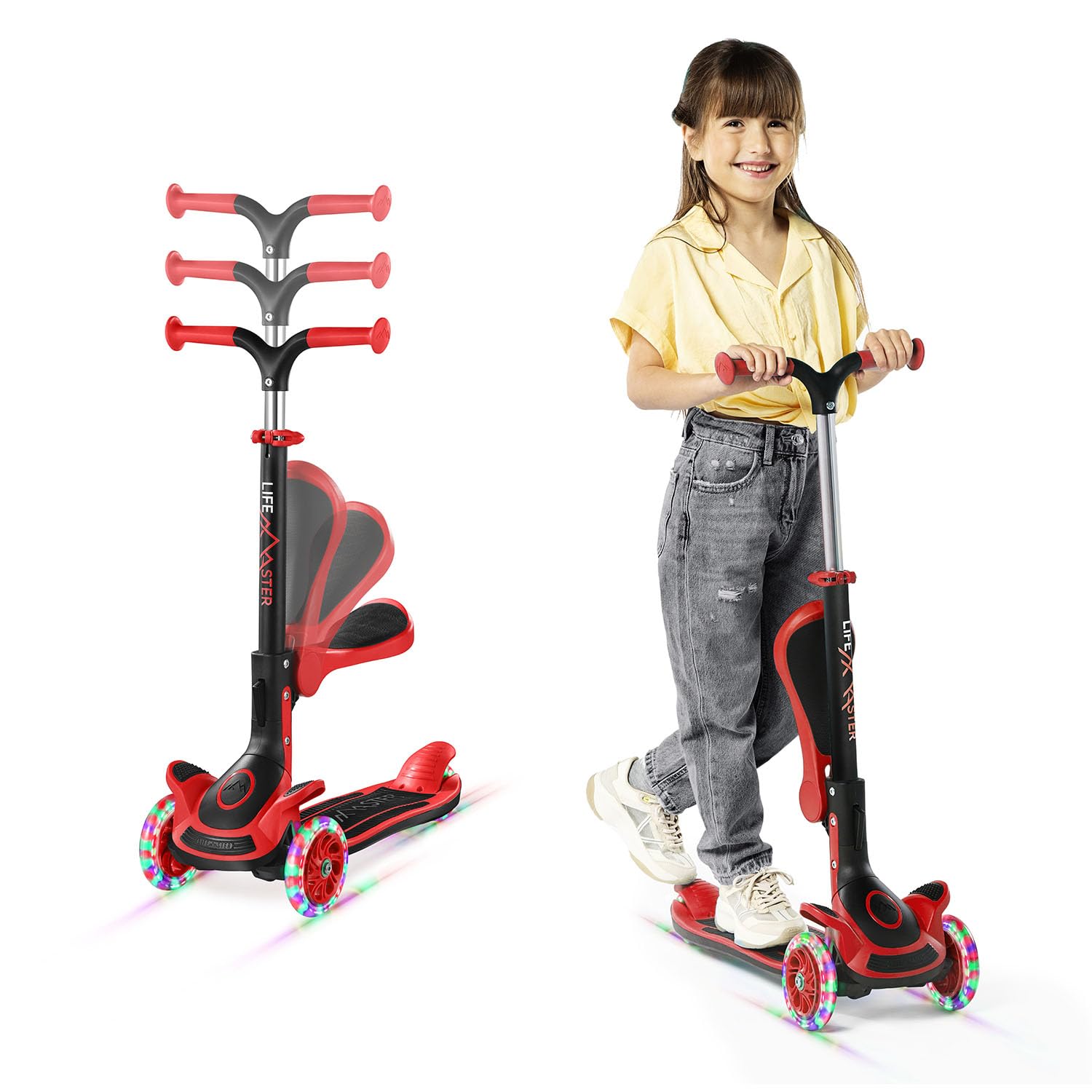 3 Wheel Scooter for Kids with Foldable Seat, Adjustable Handlebar Height, Lean-to-Steer Ride On Toy for Kids Ages 2+, Light-Up LED Wheels, Wide Anti Slip Deck, Indoor & Outdoor Use, Red Image
