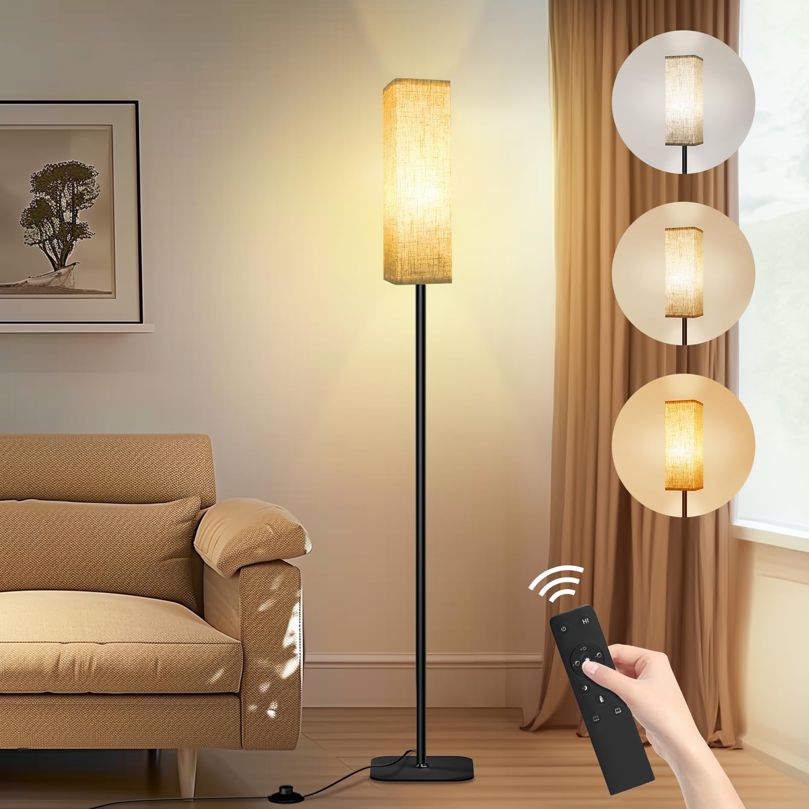 CRLL Floor Lamp for Living Room, Modern Standing Lamps with Remote & Foot Switch, 2700k-6500k Dimmable Tall Reading Lamp with Linen Shade | Standard Lamp Night Light for Bedroom Office