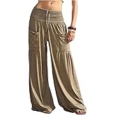 SOLY HUX Women's Palazzo Pants Boho Baggy Wide Leg Trousers with Pocket Travel Outfit