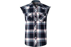 Mens Casual Flannel Plaid snap Shirt Sleeveless with Pocket