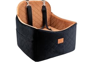 Dog Car Seats for Small/Medium Dogs, FurFrolic Memory Foam Dog Booster Seat for Small Dogs up to 35 lbs, Travel Pet Car Seat with Washable Detachable Cover, Storage Pockets, 2 Safety Belt, Black Brown