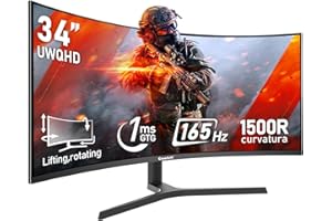Gawfolk 34 Inch Ultrawide Curved 165Hz Gaming Computer Monitor 1500R PC Screen 21:9 UWQHD (3440x1440),99% sRGB,1ms,Adaptive S