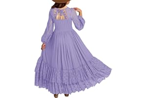 MITILLY Girls Boho Long Sleeve Backless Lace Flower Square Neck Tiered Ruffle Swing Party Maxi Dress